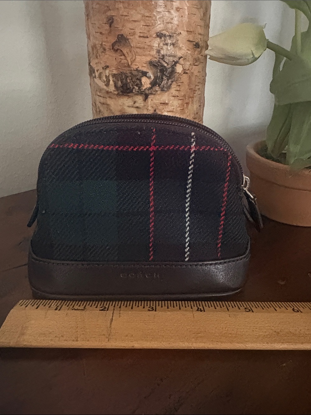 Coach green wool plaid Leather-Trim Cosmetic Bag - Picture 3 of 5
